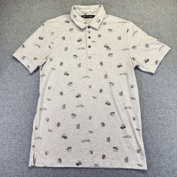 Travis Mathew Polo Mens M Shirt Tropical Golf‎ Cart Beer Cocktail All Over Print - Picture 2 of 8